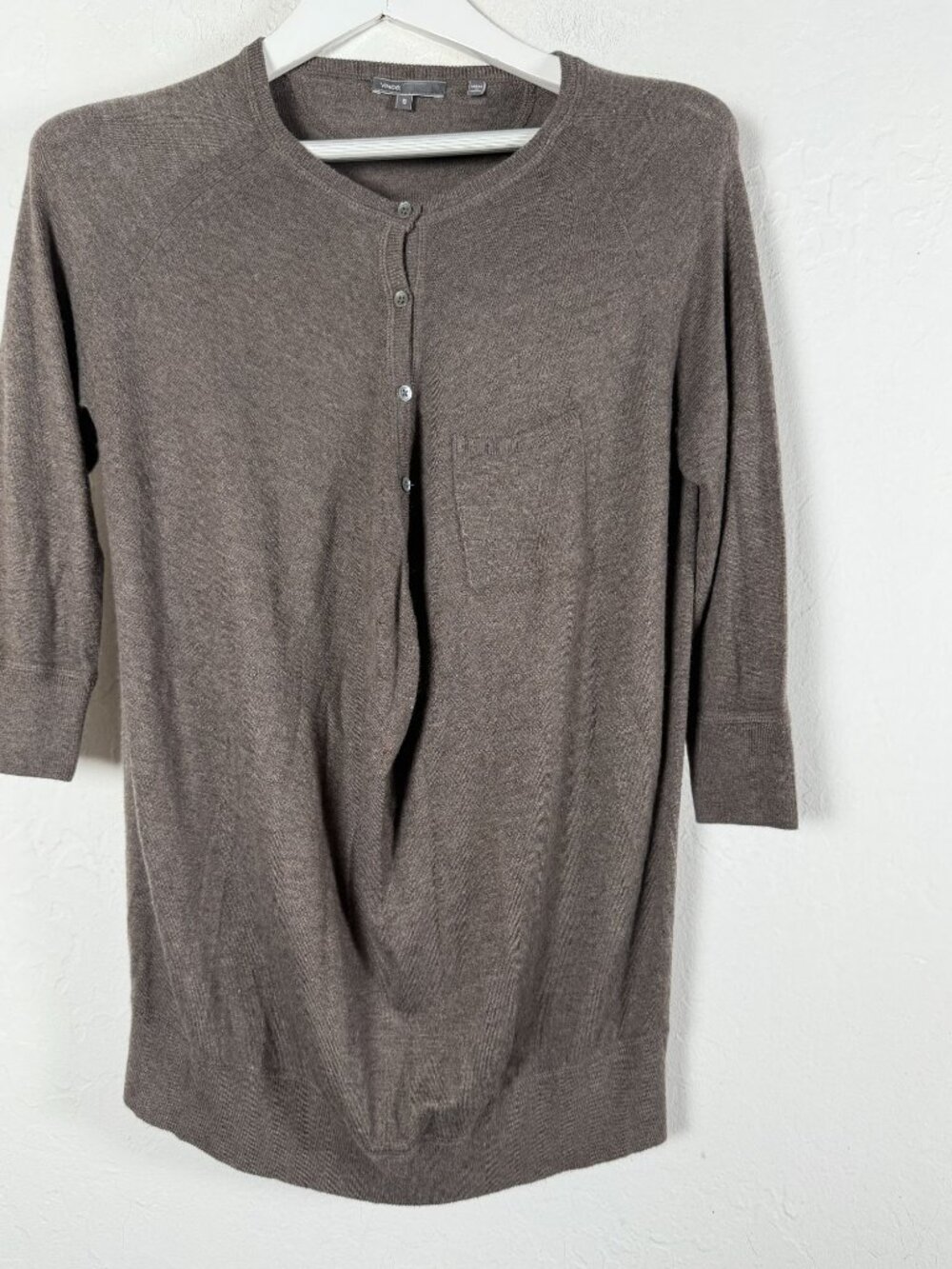 Vince Cashmere Blend Henley Sweater Women Small Brown 3/4 Sleeve Pullover Pocket